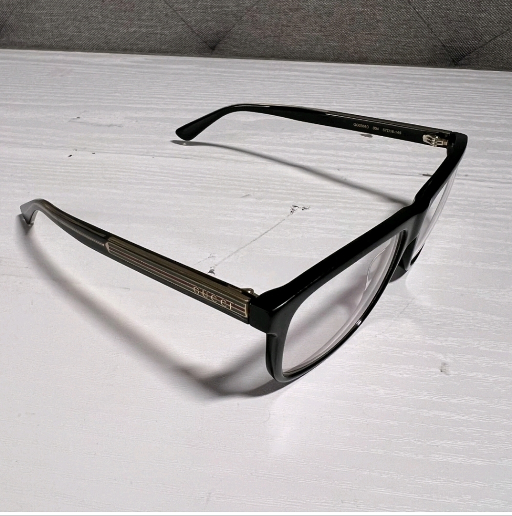 Gucci Eyeglasses Frame Only GG0384O 004 Shiny Black Red Green Striped Gold READ! - Picture 3 of 9